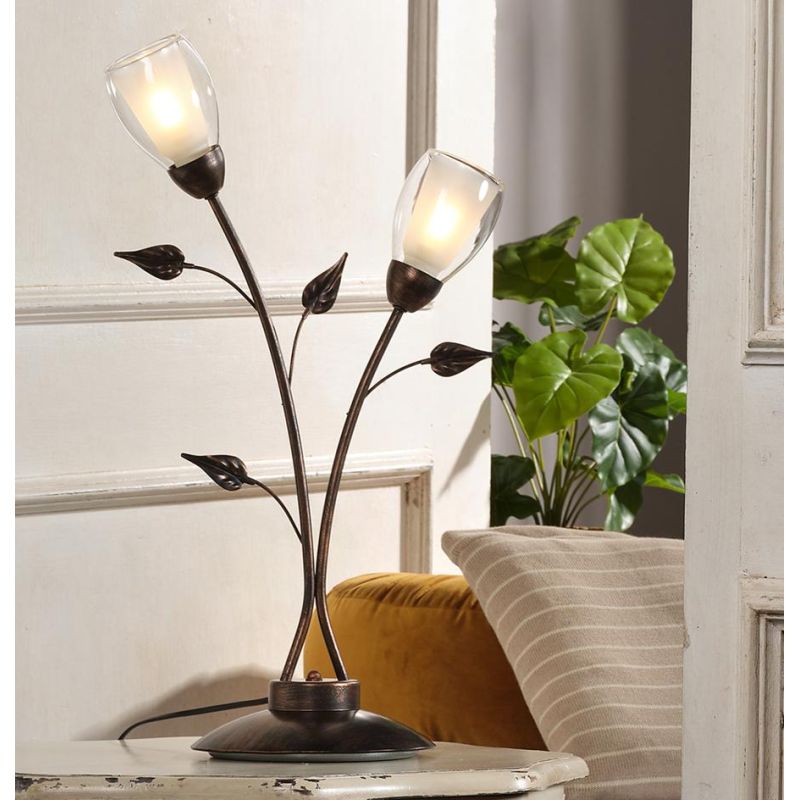 LILIANA LAMPADA DA TAVOLO 2 LUCI IN METALLO BRONZO SPENNELLATO ORO CON 2 DIFFUSORI IN VETRO CLASSICA