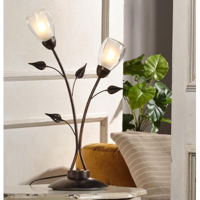LILIANA LAMPADA DA TAVOLO 2 LUCI IN METALLO BRONZO SPENNELLATO ORO CON 2 DIFFUSORI IN VETRO CLASSICA