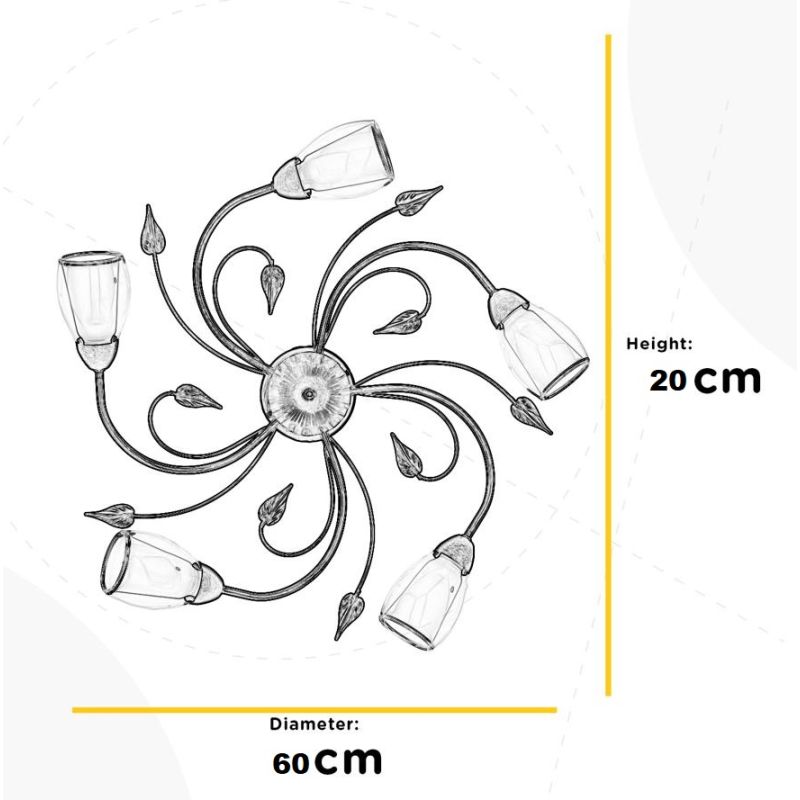 LILIANA PLAFONIERA CLASSICA 5 LUCI IN METALLO BRONZO SPENNELLATO ORO CON DIFFUSORI IN VETRO