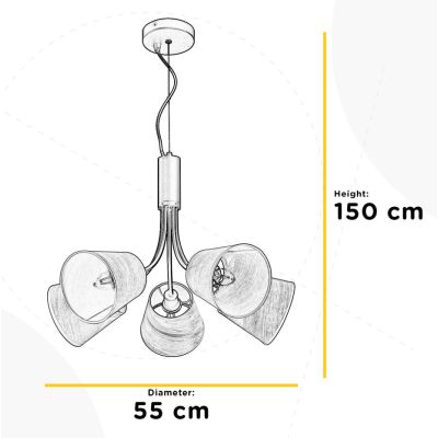 ASIA LAMPADARIO 5 LUCI IN METALLO NERO CON PARALUMI EFFETTO LEGNO LAMPADINE ATTACCO E14