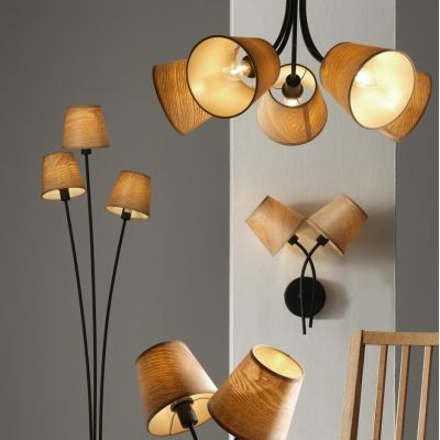 ASIA LAMPADARIO 5 LUCI IN METALLO NERO CON PARALUMI EFFETTO LEGNO LAMPADINE ATTACCO E14