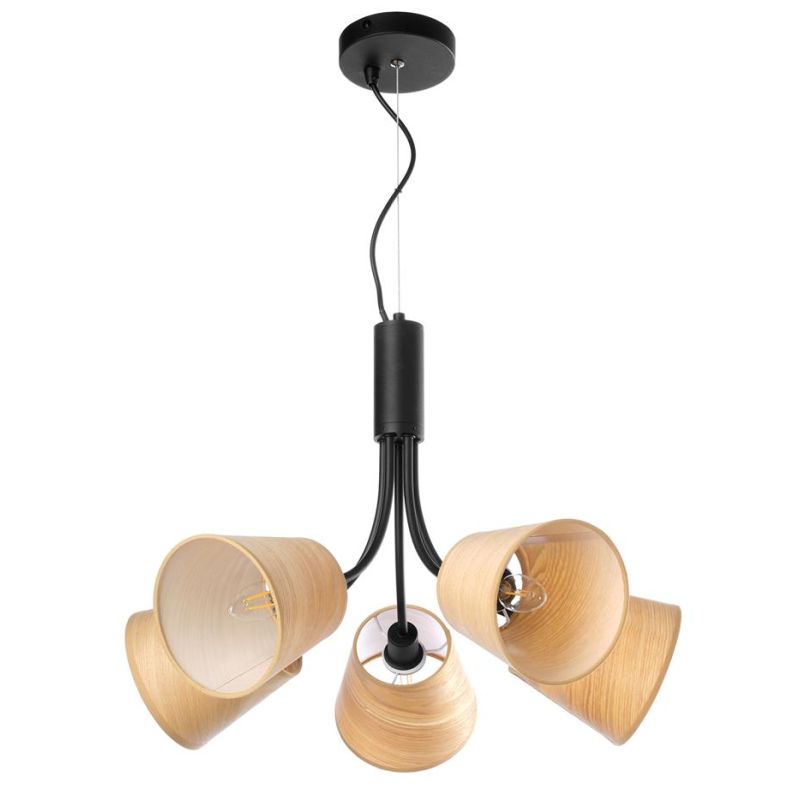 ASIA LAMPADARIO 5 LUCI IN METALLO NERO CON PARALUMI EFFETTO LEGNO LAMPADINE ATTACCO E14