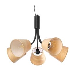 ASIA LAMPADARIO 5 LUCI IN METALLO NERO CON PARALUMI EFFETTO LEGNO LAMPADINE ATTACCO E14