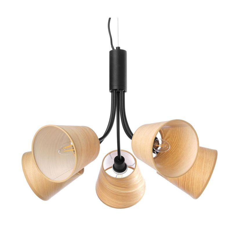 ASIA LAMPADARIO 5 LUCI IN METALLO NERO CON PARALUMI EFFETTO LEGNO LAMPADINE ATTACCO E14