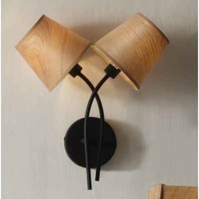 ASIA LAMPADA DA PARETE 2 LUCI IN METALLO NERO CON PARALUMI EFFETTO LEGNO LAMPADINE ATTACCO E14