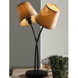 ASIA LAMPADA DA TAVOLO 2 LUCI IN METALLO NERO CON PARALUMI EFFETTO LEGNO LAMPADINE ATTACCO E14 2