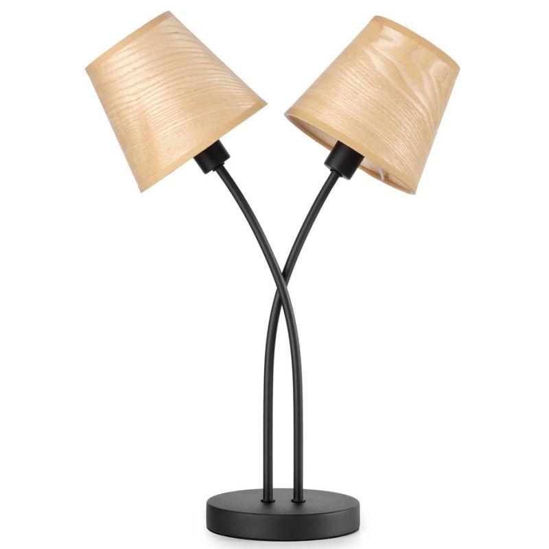 ASIA LAMPADA DA TAVOLO 2 LUCI IN METALLO NERO CON PARALUMI EFFETTO LEGNO LAMPADINE ATTACCO E14