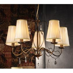 DELIA LAMPADARIO 5 LUCI METALLO BRONZO ANTICATO CON PARALUMI IN STOFFA AVORIO DETTAGLI IN CRISTALLO CLASSICO
