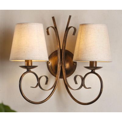 POMPEI APPLIQUE CLASSICA 2 LUCI IN METALLO BRONZO CON PARALUMI IN STOFFA BIANCA INVECCHIATA