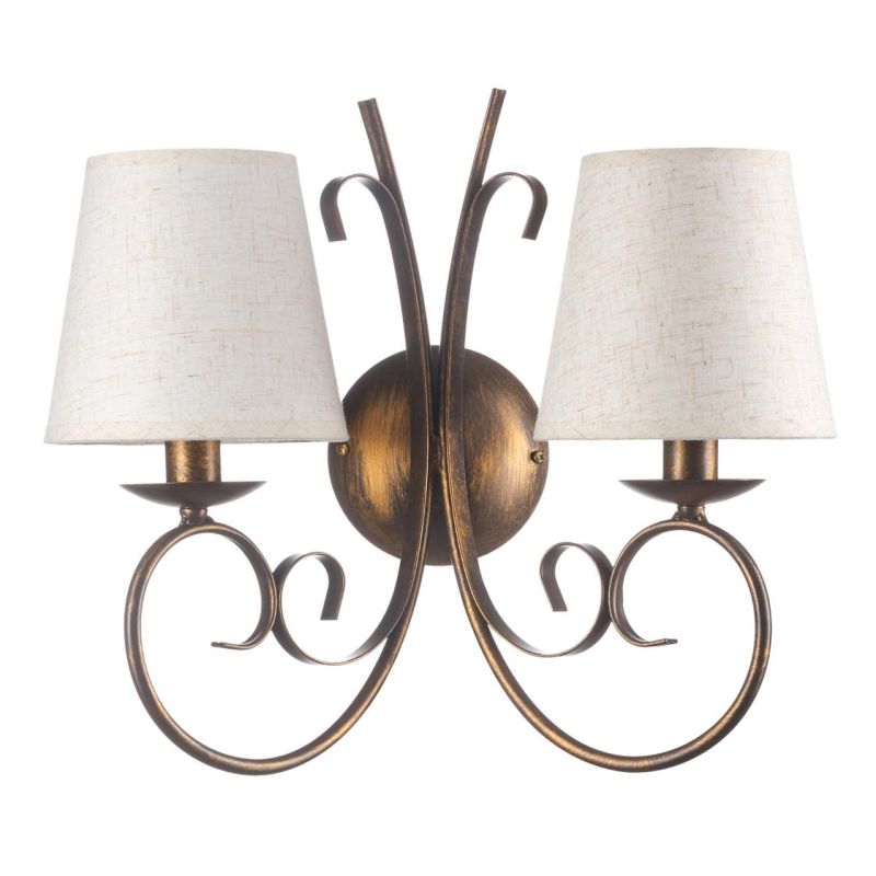 POMPEI APPLIQUE CLASSICA 2 LUCI IN METALLO BRONZO CON PARALUMI IN STOFFA BIANCA INVECCHIATA