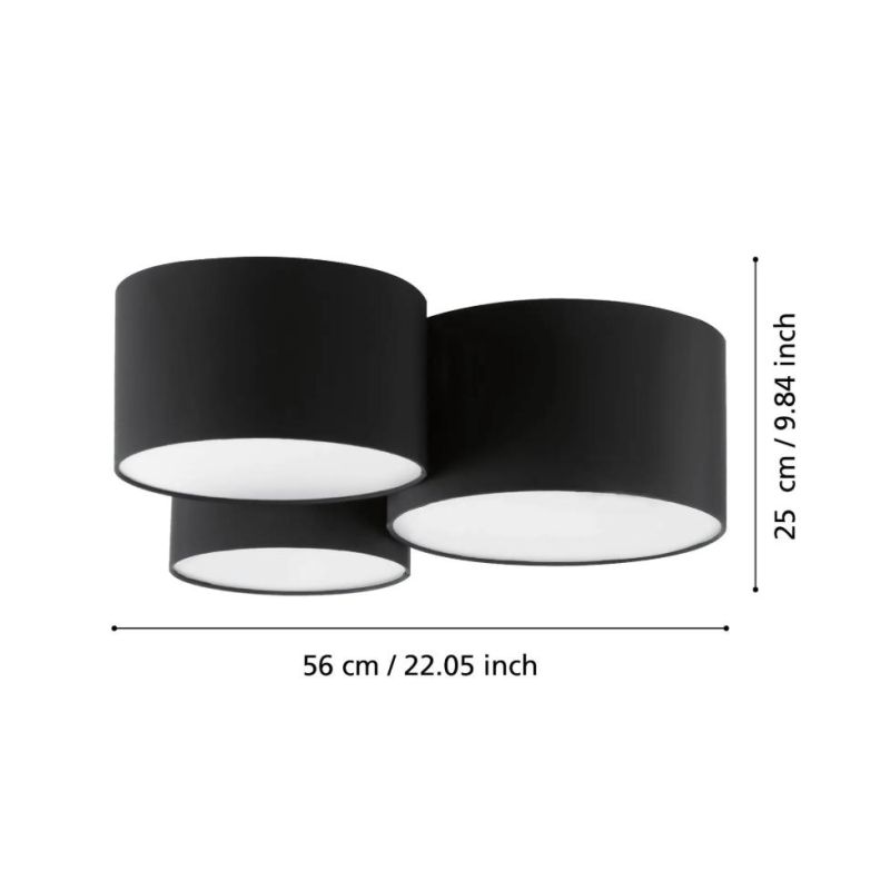 PASTORE 2 PLAFONIERA MODERNA A 3 CILINDRI IN TESSUTO NERO LARGHEZZA CM 61 LAMPADINE ATTACCO E27