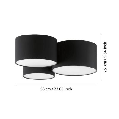 PASTORE 2 PLAFONIERA MODERNA A 3 CILINDRI IN TESSUTO NERO LARGHEZZA CM 61 LAMPADINE ATTACCO E27