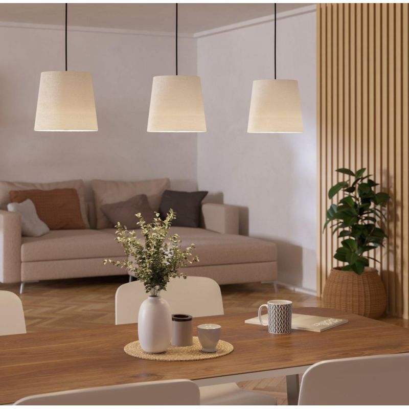 FEBRES SOSPENSIONE 3 LUCI NERA CON PARALUMI IN TESSUTO BIANCO MODERNA CON LAMPADINE ATTACCO E27