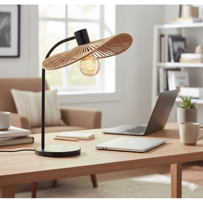 SIRUELA LAMPADA DA TAVOLO STILE VINTAGE IN METALLO NERO CON DIFFUSORE IN CARTA NATURALE LAMPADINA E27