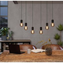 CONSETT SOSPENSIONE 6 LUCI IN LEGNO E METALLO NERO LUNGHEZZA 78 CM LAMPADINE A VISTA ATTACCO E27