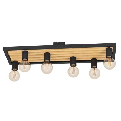 CONSETT PLAFONIERA 6 LUCI IN LEGNO E METALLO NERO LUNGHEZZA 78 CM LAMPADINE A VISTA ATTACCO E27