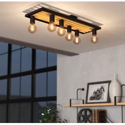 CONSETT PLAFONIERA 6 LUCI IN LEGNO E METALLO NERO LUNGHEZZA 78 CM LAMPADINE A VISTA ATTACCO E27