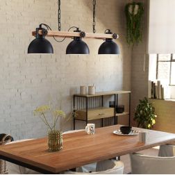 LUBENHAM SOSPENSIONE 3 LUCI IN METALLO NERO E LEGNO CON DIFFUSORI ORIENTABILI STILE VINTAGE LAMPADINE E27
