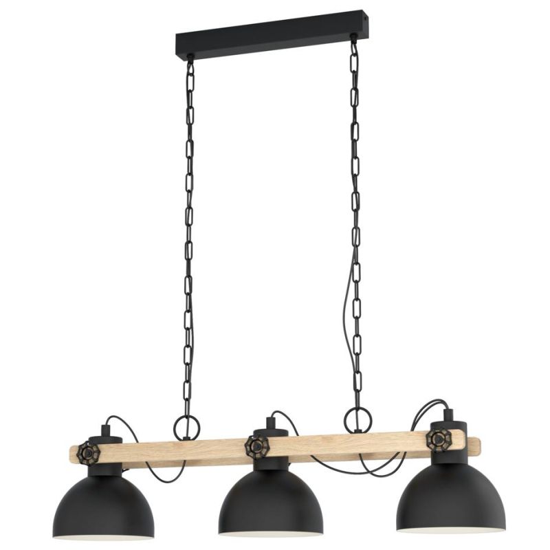 LUBENHAM SOSPENSIONE 3 LUCI IN METALLO NERO E LEGNO CON DIFFUSORI ORIENTABILI STILE VINTAGE LAMPADINE E27