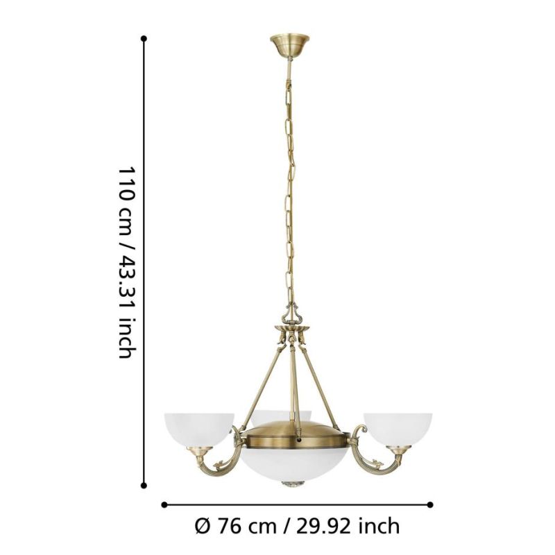 SAVOY LAMPADARIO A SOSPENSIONE 3 LUCI IN METALLO BRUNITO E DIFFUSORI IN VETRO D74 CM STILE CLASSICO