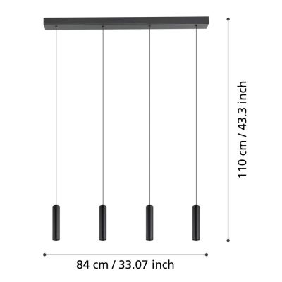 ALMUDAINA SOSPENSIONE 4 LUCI IN ACCIAIO NERO LED 21W LUCE 3000K LARGHEZZA CM 84 DESIGN MODERNO