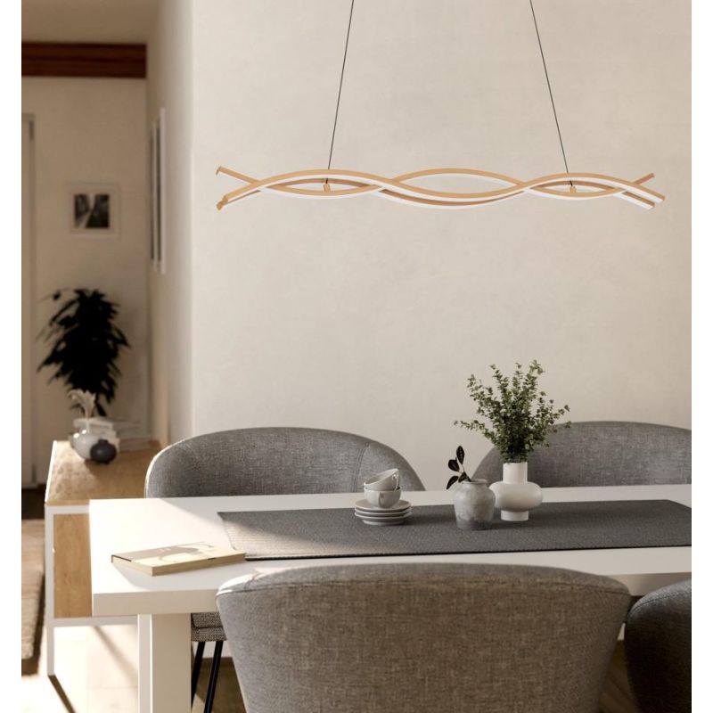 LASANA 4 SOSPENSIONE ONDULATA LED 35W LUCE 3000K ACCIAIO FINITURA LEGNO DESIGN MODERNO