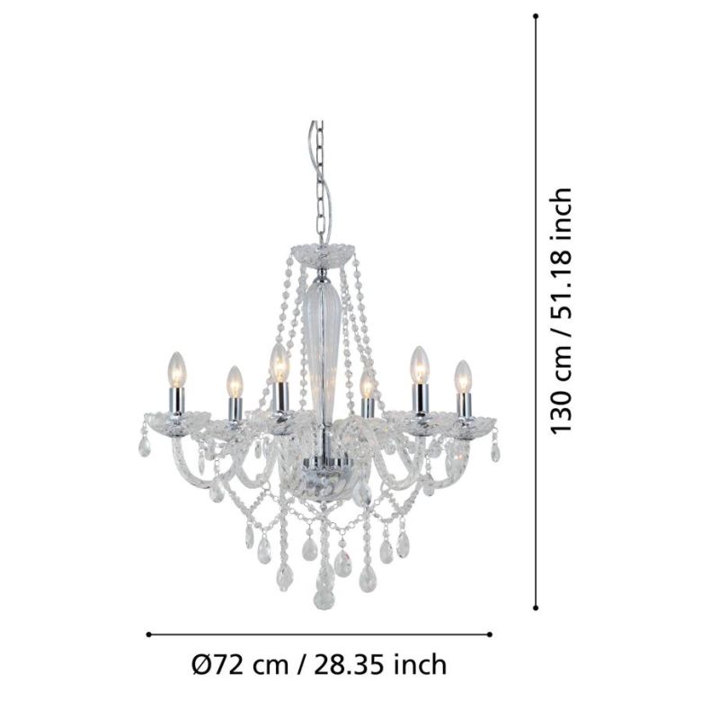 BASILANO LAMPADARIO A BRACCI CLASSICO 6 LUCI IN VETRO TRASPARENTE O COGNAC CON PENDAGLI IN CRISTALLO