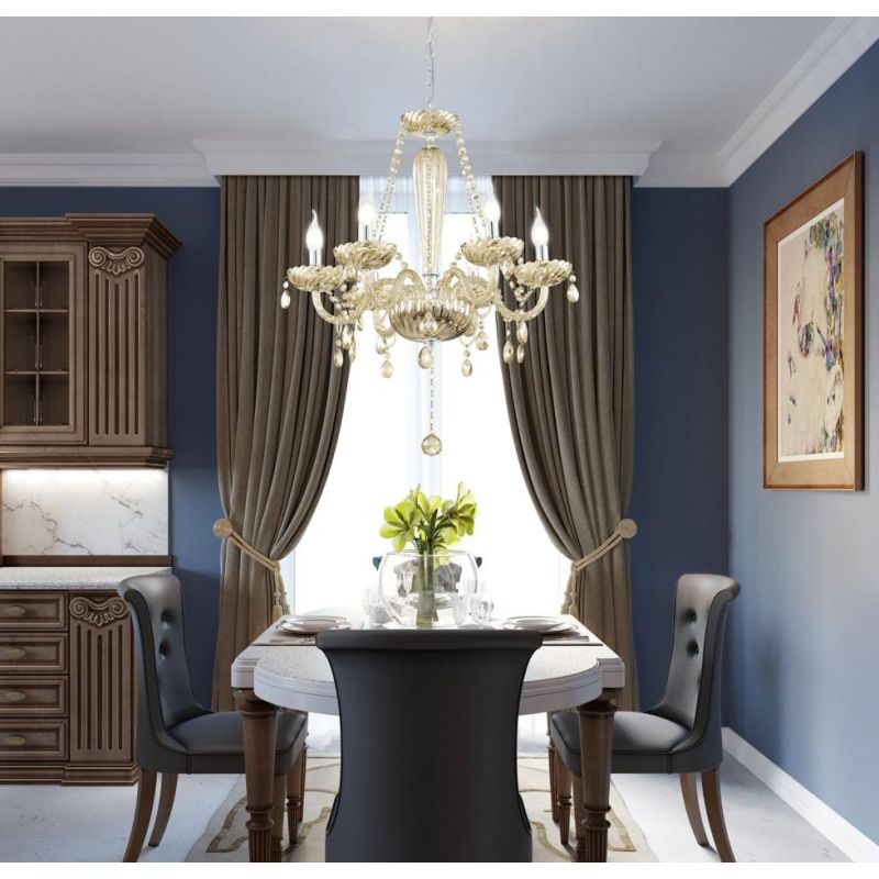 BASILANO LAMPADARIO A BRACCI CLASSICO 6 LUCI IN VETRO TRASPARENTE O COGNAC CON PENDAGLI IN CRISTALLO