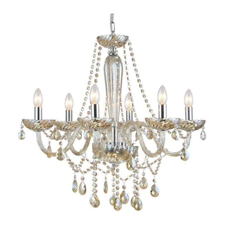 BASILANO LAMPADARIO A BRACCI CLASSICO 6 LUCI IN VETRO TRASPARENTE O COGNAC CON PENDAGLI IN CRISTALLO