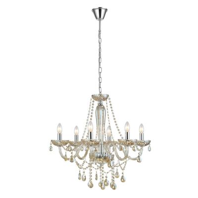 BASILANO LAMPADARIO A BRACCI CLASSICO 6 LUCI IN VETRO TRASPARENTE O COGNAC CON PENDAGLI IN CRISTALLO