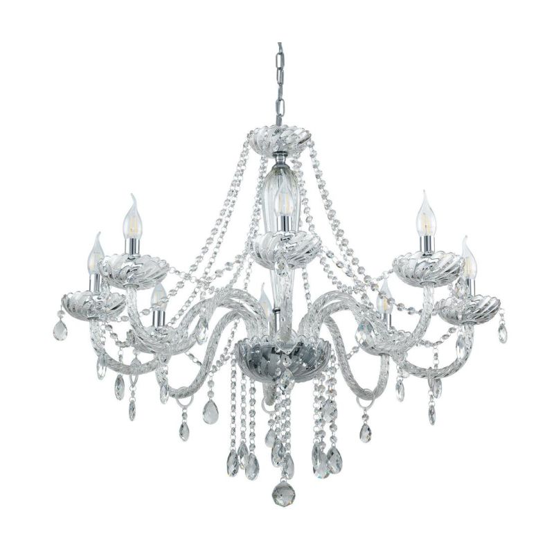 BASILANO LAMPADARIO A BRACCI CLASSICO 8 LUCI IN VETRO TRASPARENTE O COGNAC CON PENDAGLI IN CRISTALLO