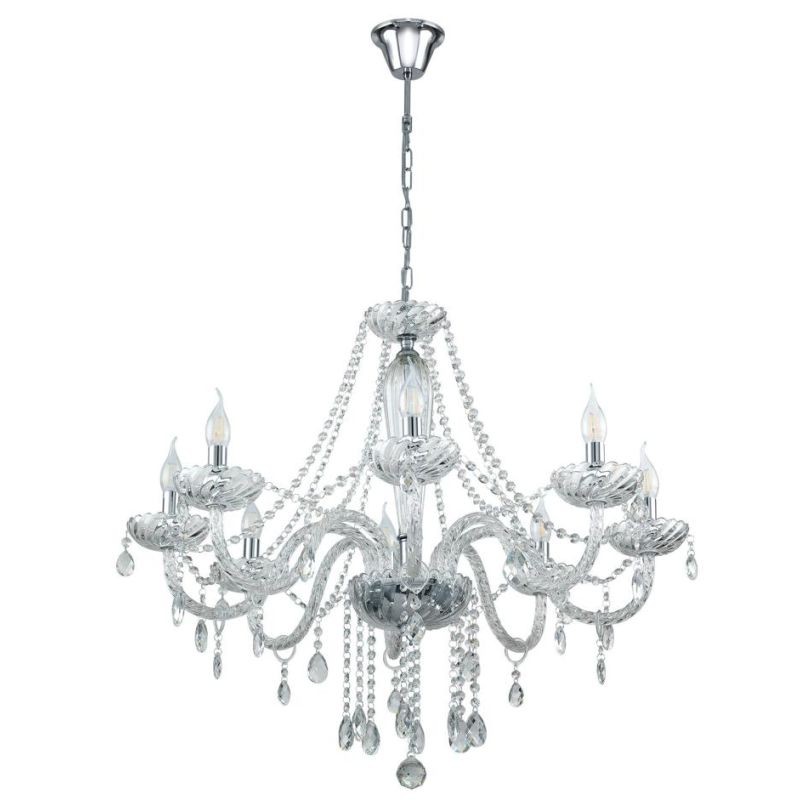 BASILANO LAMPADARIO A BRACCI CLASSICO 8 LUCI IN VETRO TRASPARENTE O COGNAC CON PENDAGLI IN CRISTALLO