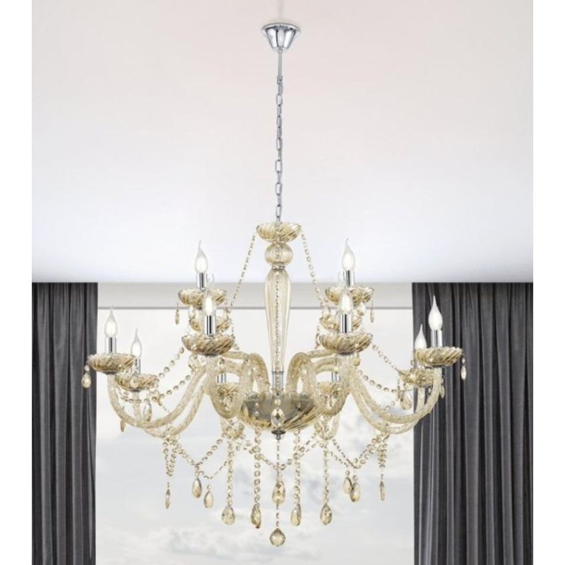 BASILANO LAMPADARIO A BRACCI CLASSICO 12 LUCI IN VETRO TRASPARENTE O COGNAC CON PENDAGLI IN CRISTALLO