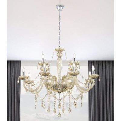 BASILANO LAMPADARIO A BRACCI CLASSICO 12 LUCI IN VETRO TRASPARENTE O COGNAC CON PENDAGLI IN CRISTALLO