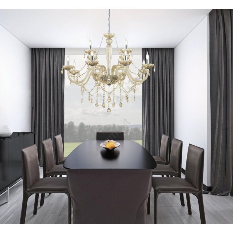 BASILANO LAMPADARIO A BRACCI CLASSICO 12 LUCI IN VETRO TRASPARENTE O COGNAC CON PENDAGLI IN CRISTALLO