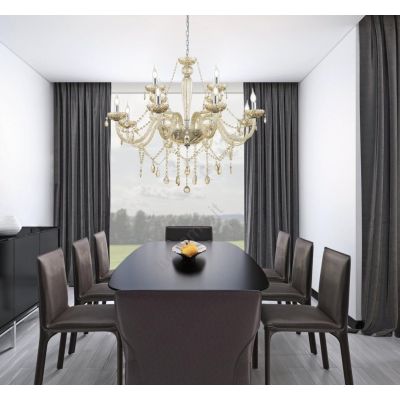 BASILANO LAMPADARIO A BRACCI CLASSICO 12 LUCI IN VETRO TRASPARENTE O COGNAC CON PENDAGLI IN CRISTALLO