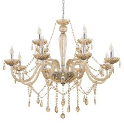 BASILANO LAMPADARIO A BRACCI CLASSICO 12 LUCI IN VETRO TRASPARENTE O COGNAC CON PENDAGLI IN CRISTALLO 2