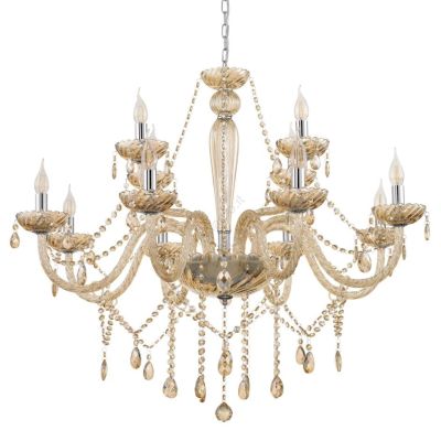 BASILANO LAMPADARIO A BRACCI CLASSICO 12 LUCI IN VETRO TRASPARENTE O COGNAC CON PENDAGLI IN CRISTALLO