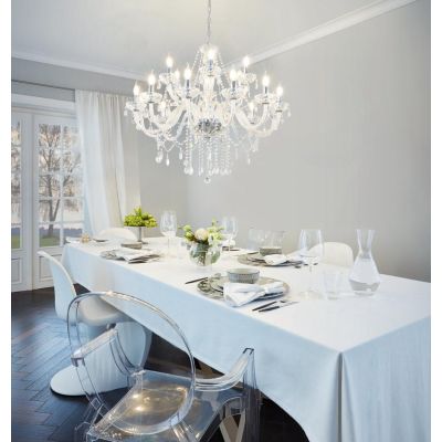 BASILANO LAMPADARIO A BRACCI CLASSICO 18 LUCI IN VETRO TRASPARENTE O COGNAC CON PENDAGLI IN CRISTALLO