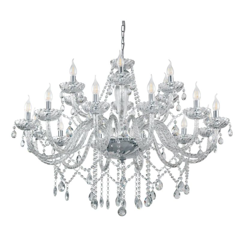 BASILANO LAMPADARIO A BRACCI CLASSICO 18 LUCI IN VETRO TRASPARENTE O COGNAC CON PENDAGLI IN CRISTALLO