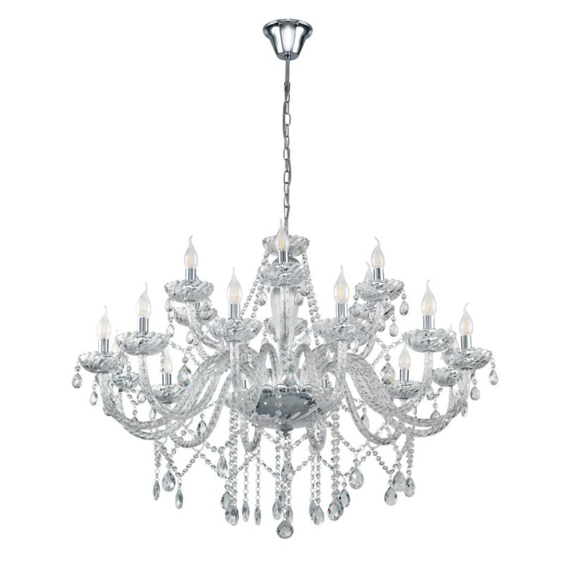 BASILANO LAMPADARIO A BRACCI CLASSICO 18 LUCI IN VETRO TRASPARENTE O COGNAC CON PENDAGLI IN CRISTALLO