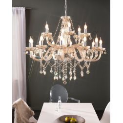 BASILANO LAMPADARIO A BRACCI CLASSICO 18 LUCI IN VETRO TRASPARENTE O COGNAC CON PENDAGLI IN CRISTALLO