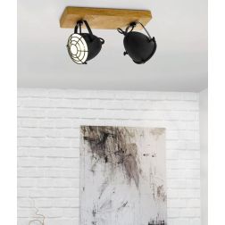 GATEBECK FARETTO SPOT 2 LUCI ORIENTABILI STILE VINTAGE IN LEGNO E METALLO NERO CON LAMPADINE E14 2