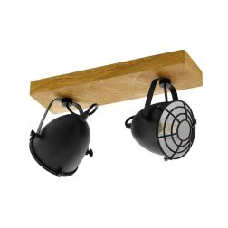 GATEBECK FARETTO SPOT 2 LUCI ORIENTABILI STILE VINTAGE IN LEGNO E METALLO NERO CON LAMPADINE E14