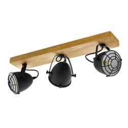 GATEBECK FARETTO SPOT 3 LUCI ORIENTABILI STILE VINTAGE IN LEGNO E METALLO NERO CON LAMPADINE E14