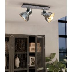 BARNSTAPLE FARETTO SPOT 2 LUCI ORIENTABILI STILE VINTAGE IN LEGNO E METALLO ZINCATO CON LAMPADINE ATTACCO E27 2