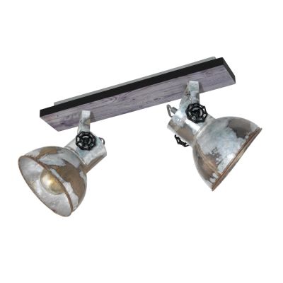 BARNSTAPLE FARETTO SPOT 2 LUCI ORIENTABILI STILE VINTAGE IN LEGNO E METALLO ZINCATO CON LAMPADINE ATTACCO E27