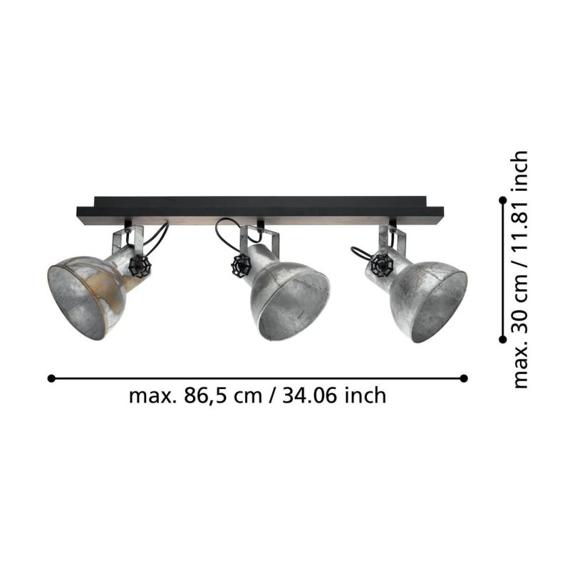 BARNSTAPLE FARETTO SPOT 3 LUCI ORIENTABILI STILE VINTAGE IN LEGNO E METALLO ZINCATO CON LAMPADINE ATTACCO E27