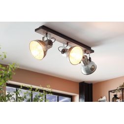 BARNSTAPLE FARETTO SPOT 3 LUCI ORIENTABILI STILE VINTAGE IN LEGNO E METALLO ZINCATO CON LAMPADINE ATTACCO E27 2