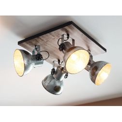 BARNSTAPLE PLAFONIERA CON 4 LUCI ORIENTABILI STILE VINTAGE IN LEGNO E METALLO ZINCATO CON LAMPADINE ATTACCO E27